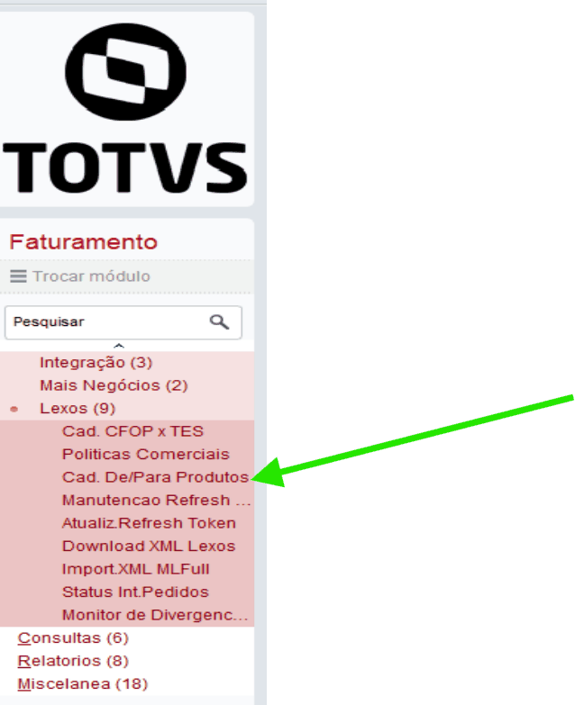 Caminho de acesso à rotina Cad. De/Para de Produtos