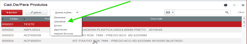 Opção Visualizar no menu Outras ações